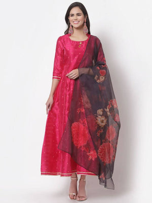 Myshka Women's Pink Silk Solid 3/4 Sleeve Round Neck Casual Anarkali Gown with Dupatta