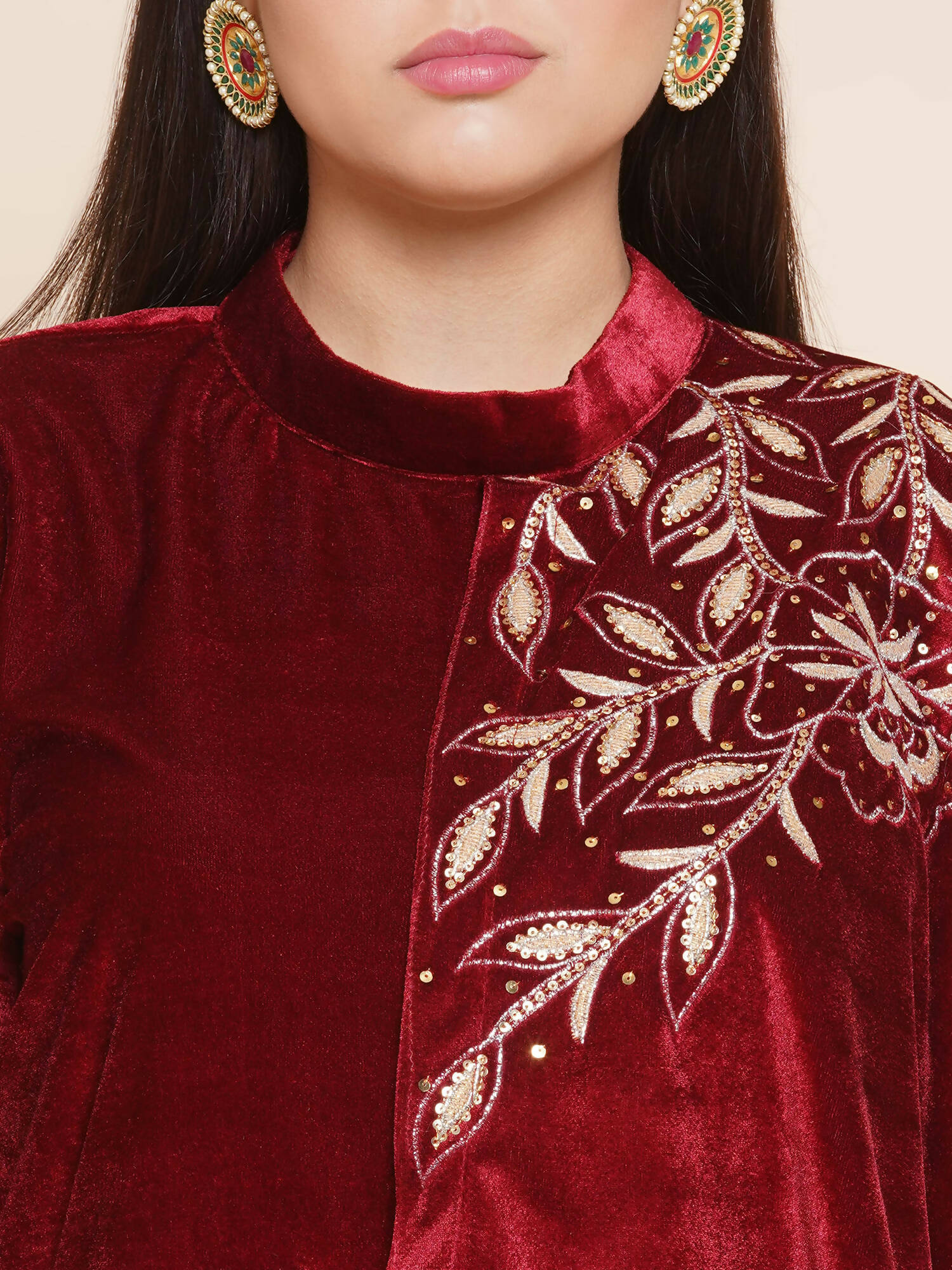 Women Republic Maroon Velvet Drape Styel Gown - Distacart