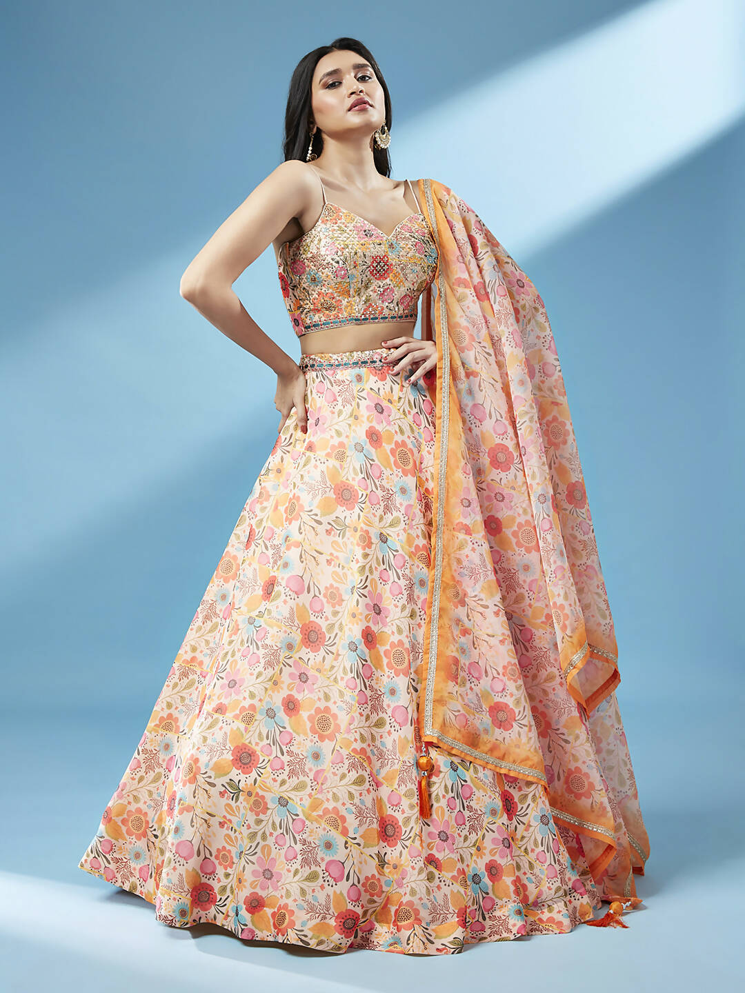 House of Panchhi Orange Organza Floral Printed Lehenga choli & Dupatta - Distacart
