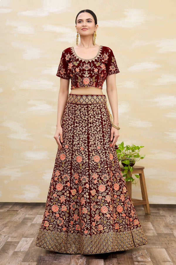 Maroon Velvet Semi-Stitched Wedding Bridal Lehenga - Nimaya - Distacart
