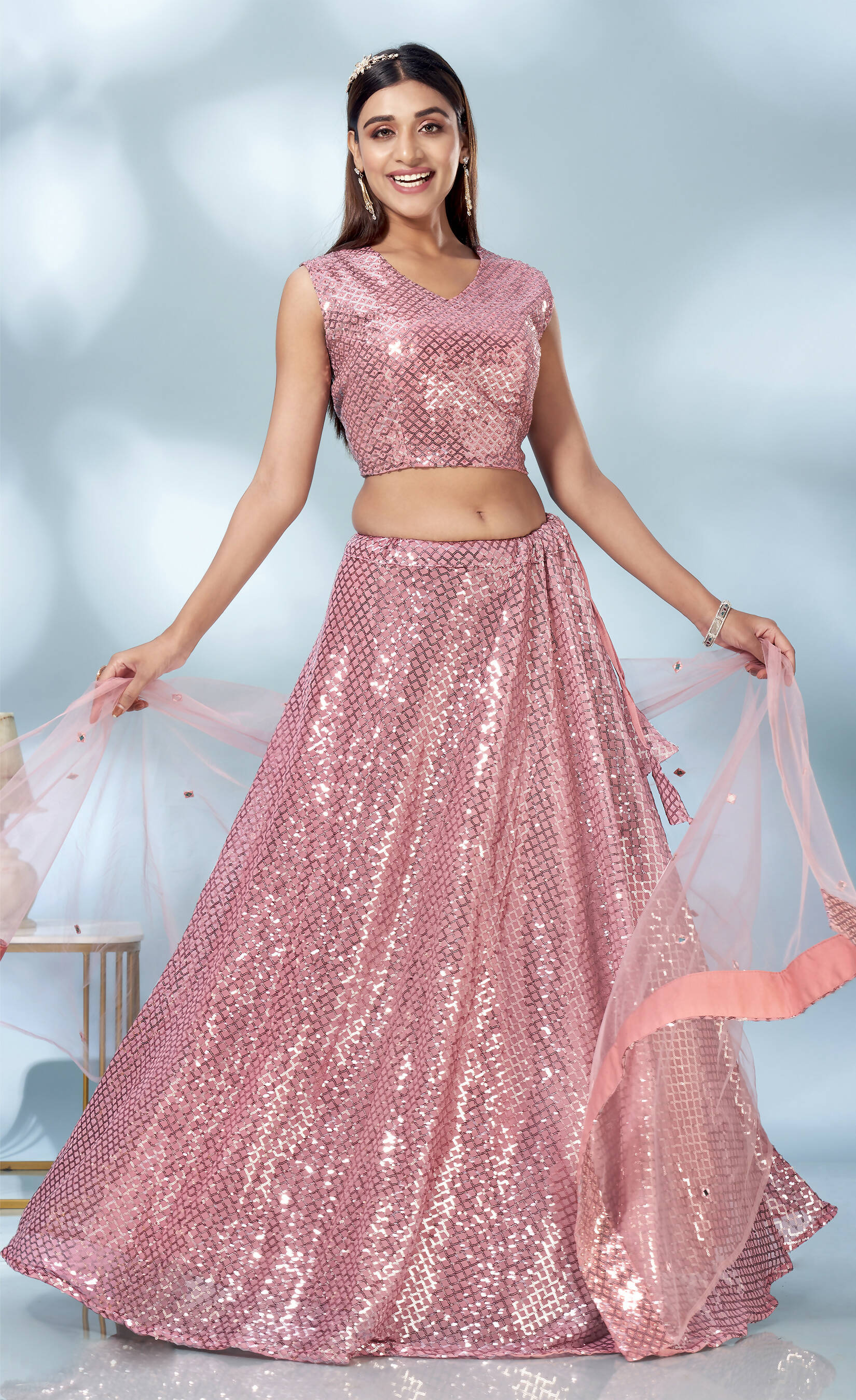 Pink Net Heavy Sequence work Lehenga Choli with Dupatta - Tanya - Distacart