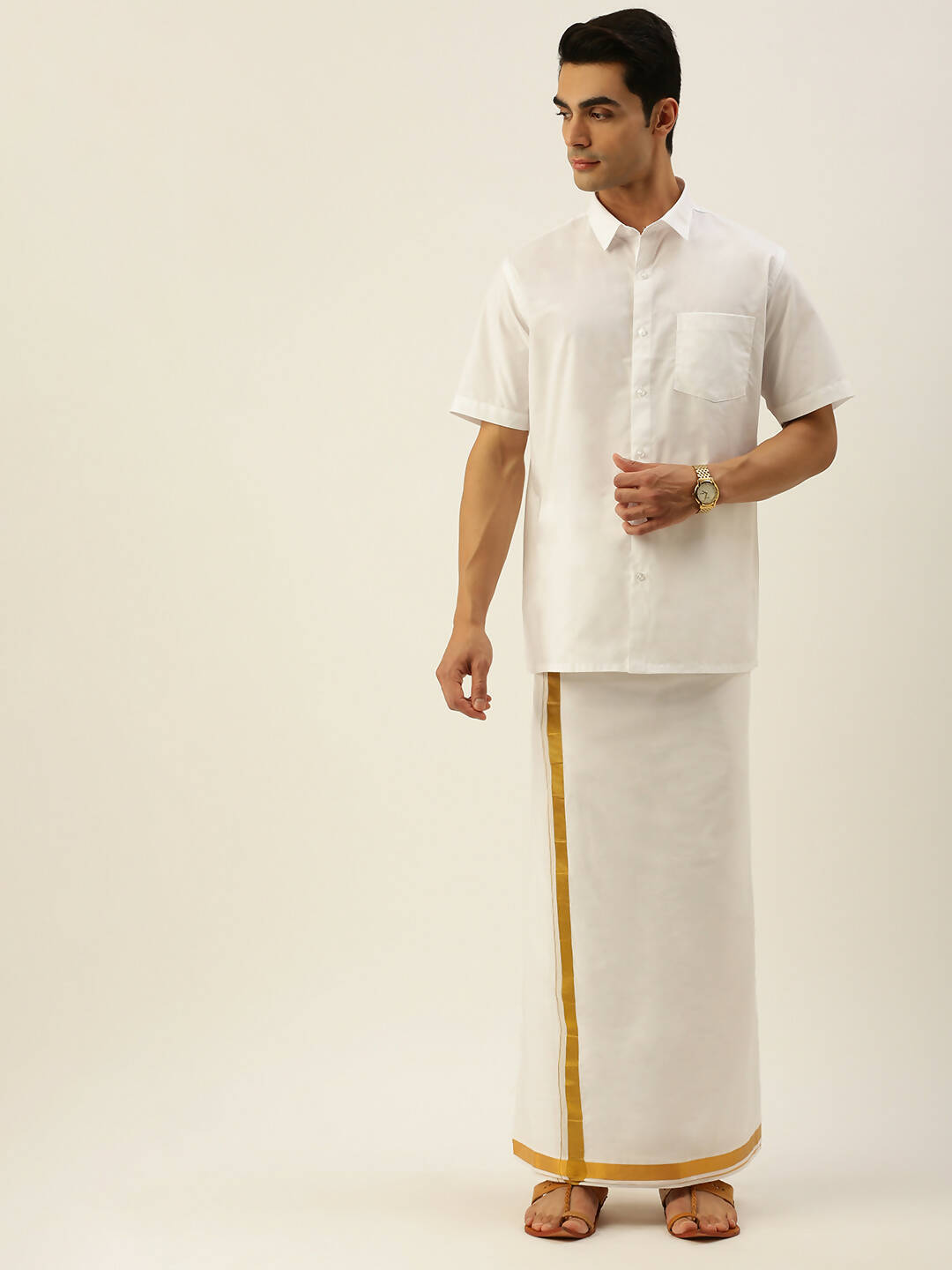 Ramraj Cotton Mens Pure Cotton 1 Inch Gold Jari Dhoti - Cream - Distacart