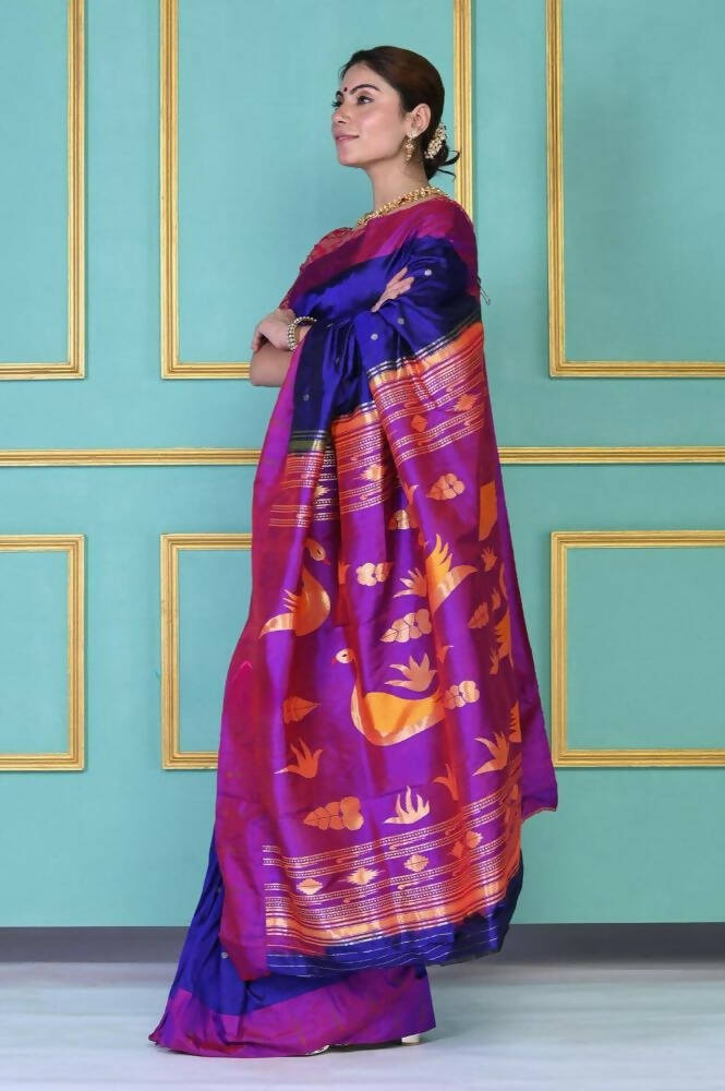 Very Much Indian Handloom Pure Silk Dark Violet Muniya Border Paithani - Distacart