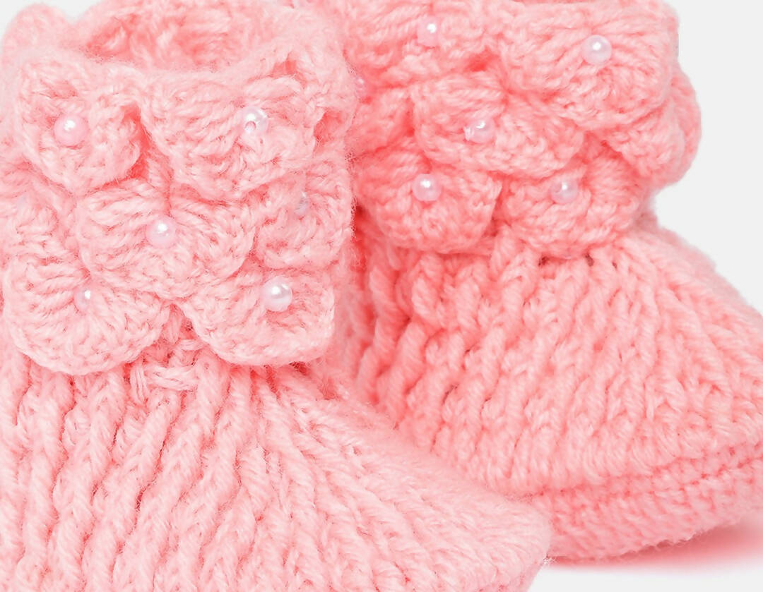 Chutput Kids Woollen Hand Knitted Self Desgin Detailed Booties - Pink - Distacart
