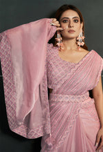 Thumbnail for Light Pink Silk Crepe Satin Cord Sequence & Thread Embroidered & Stone Work Saree - Moh-Manthan Royal Enigma - Distacart