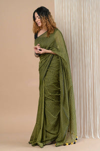 Thumbnail for Very Much Indian Designer Pure Cotton Saree With All Over Linear Stripes - Pine Green - Distacart