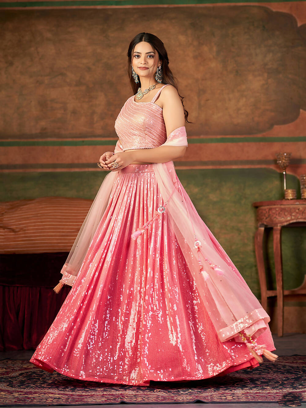 Wedding Designer Pink Nylon Georgette Readymade Lehenga Choli - Anbazaar - Distacart