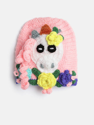 Chutput Kids Woollen Hand Knitted Pony Detailed Cap - Pink - Distacart
