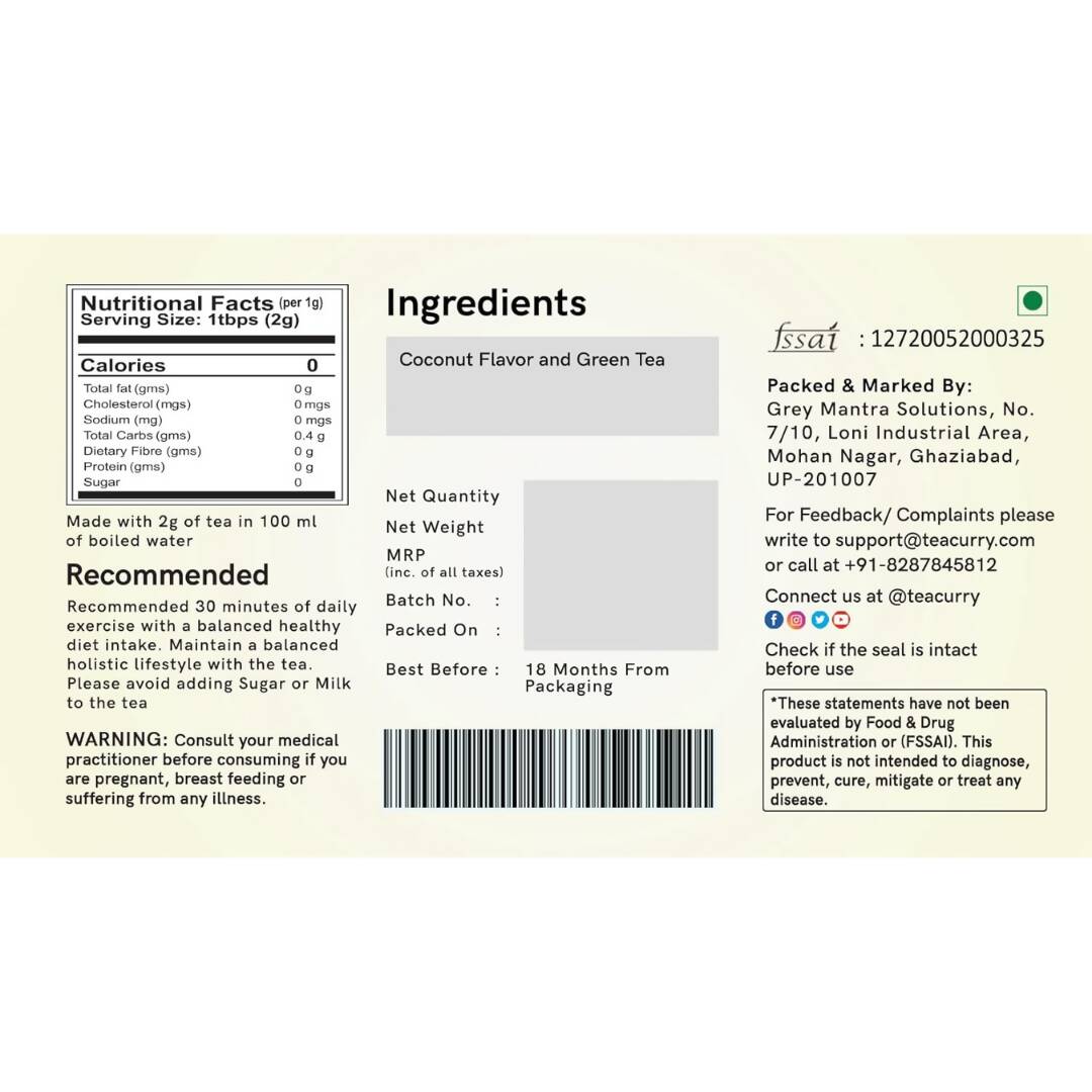 Teacurry Coconut Green Tea Bags - Distacart