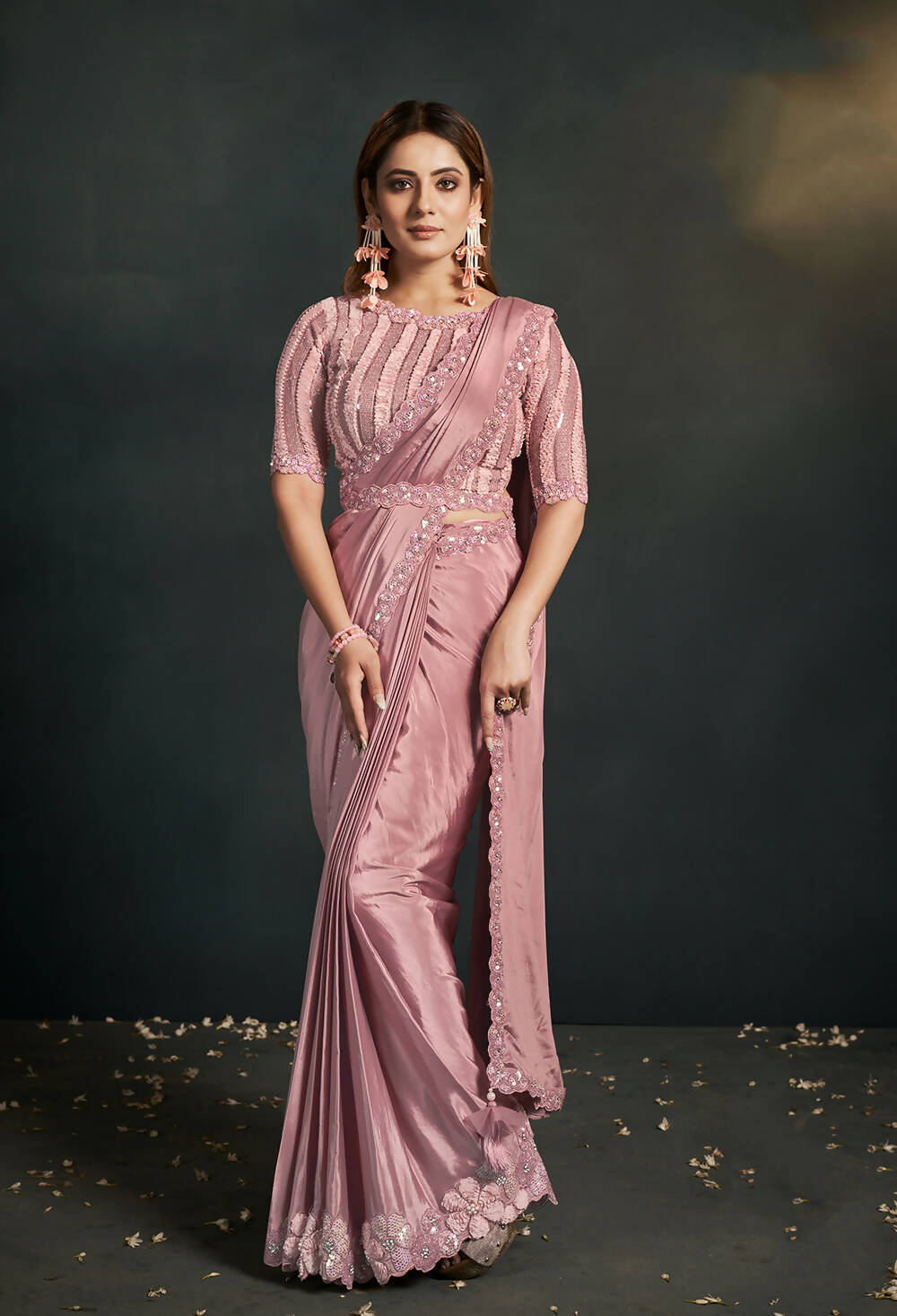 Peach Silk Crepe Georgette Cord Sequence & Thread Embroidered & Stone Work Saree - Moh-Manthan Royal Enigma - Distacart