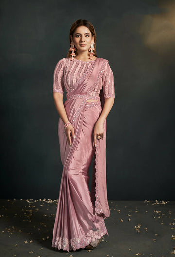 Peach Silk Crepe Georgette Cord Sequence & Thread Embroidered & Stone Work Saree - Moh-Manthan Royal Enigma - Distacart