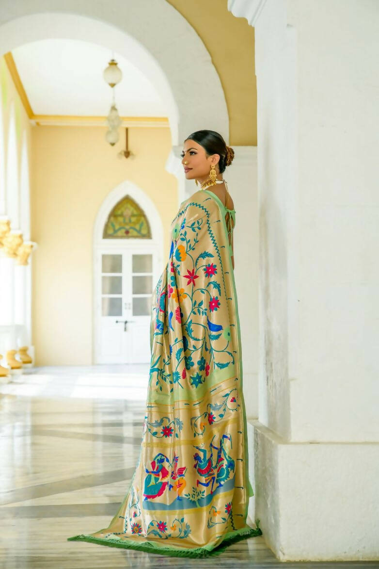 Vishnu Weaves Women's Pista Paithani Silk Zari Woven Saree with Unstitched Blouse - Distacart