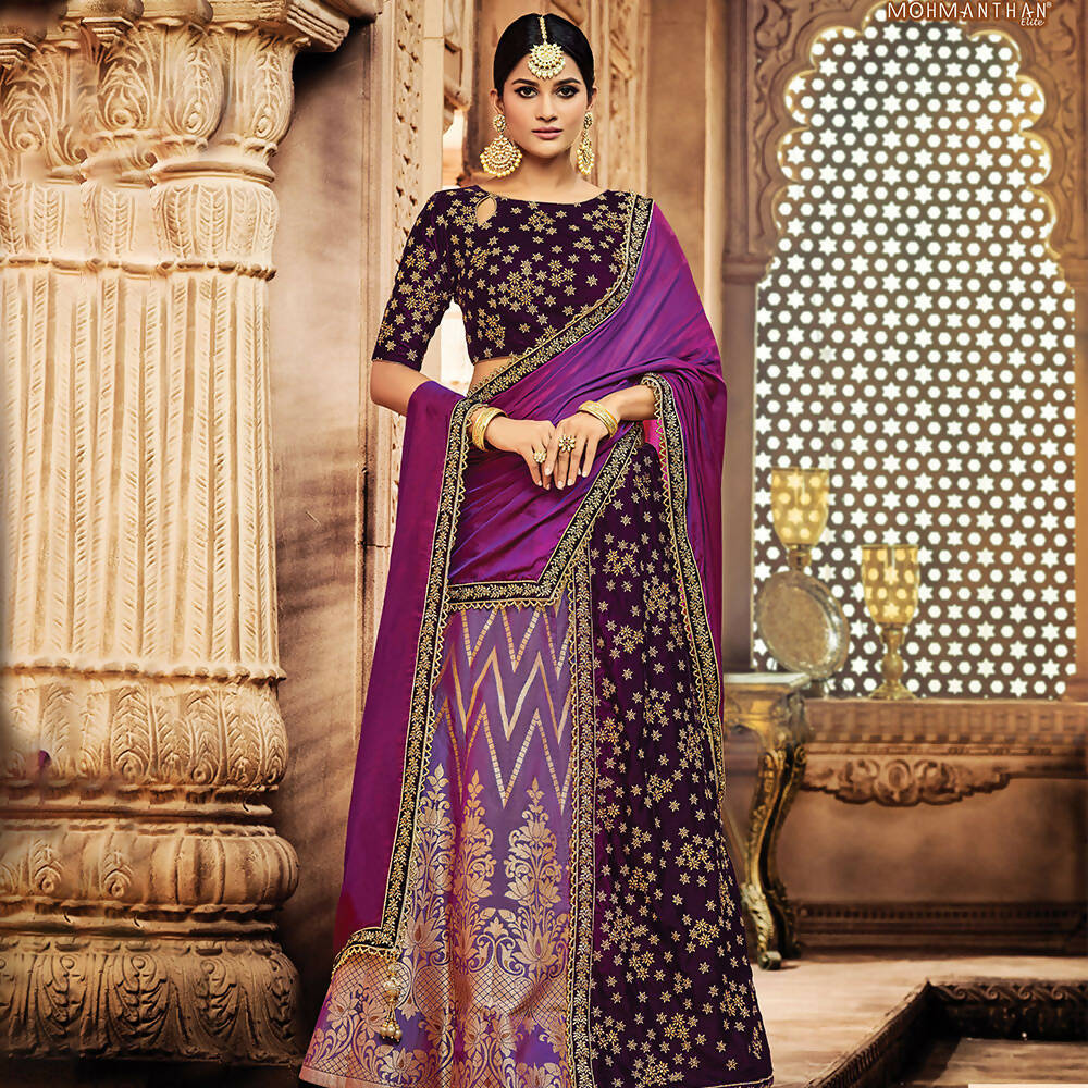 Purple Jacquard Silk, Velvet Zari Embroidery Semi-Stitched Lehenga Saree - Mohmanthan Dezzy - Distacart