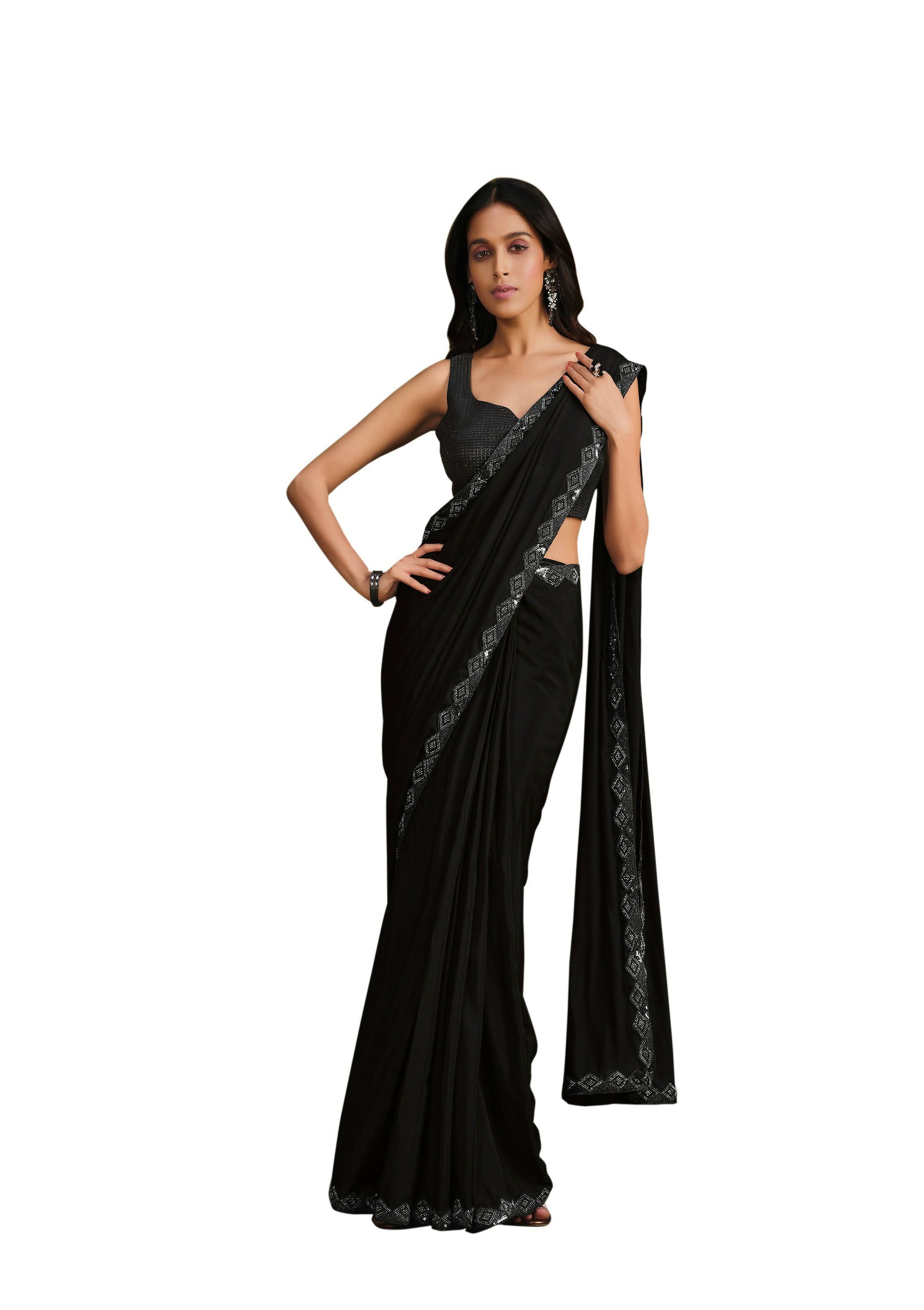 Black Crepe Silk Sequence Embroidered & Stone Work With Sequence Work Jacket Saree With Stitched Blouse - Mohmanthan La Belle - Distacart