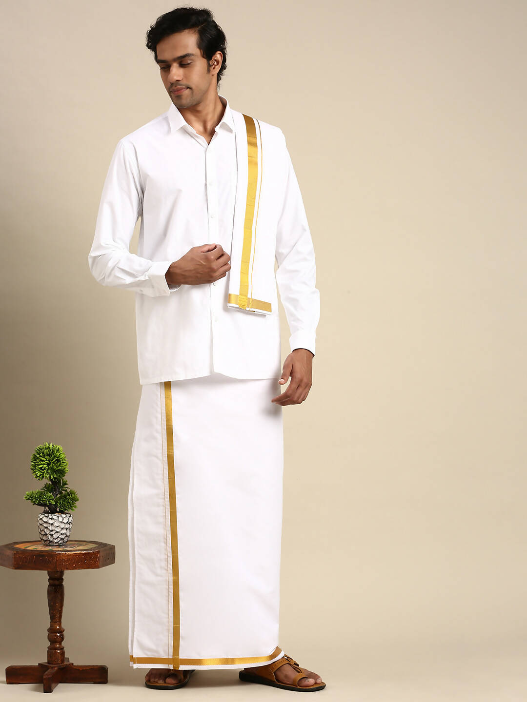 Ramraj Cotton Mens Premium Wedding Cotton White Dhoti with shirt Bit & Towel Set - Distacart