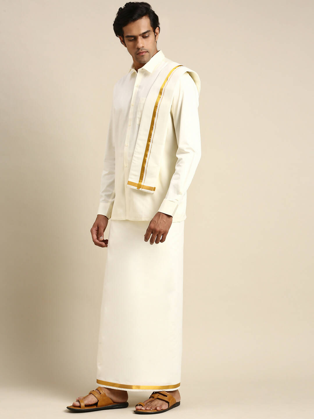 Ramraj Cotton Premium Wedding Cream Regular Dhoti, Shirt & Towel Set Golden Reward - Distacart