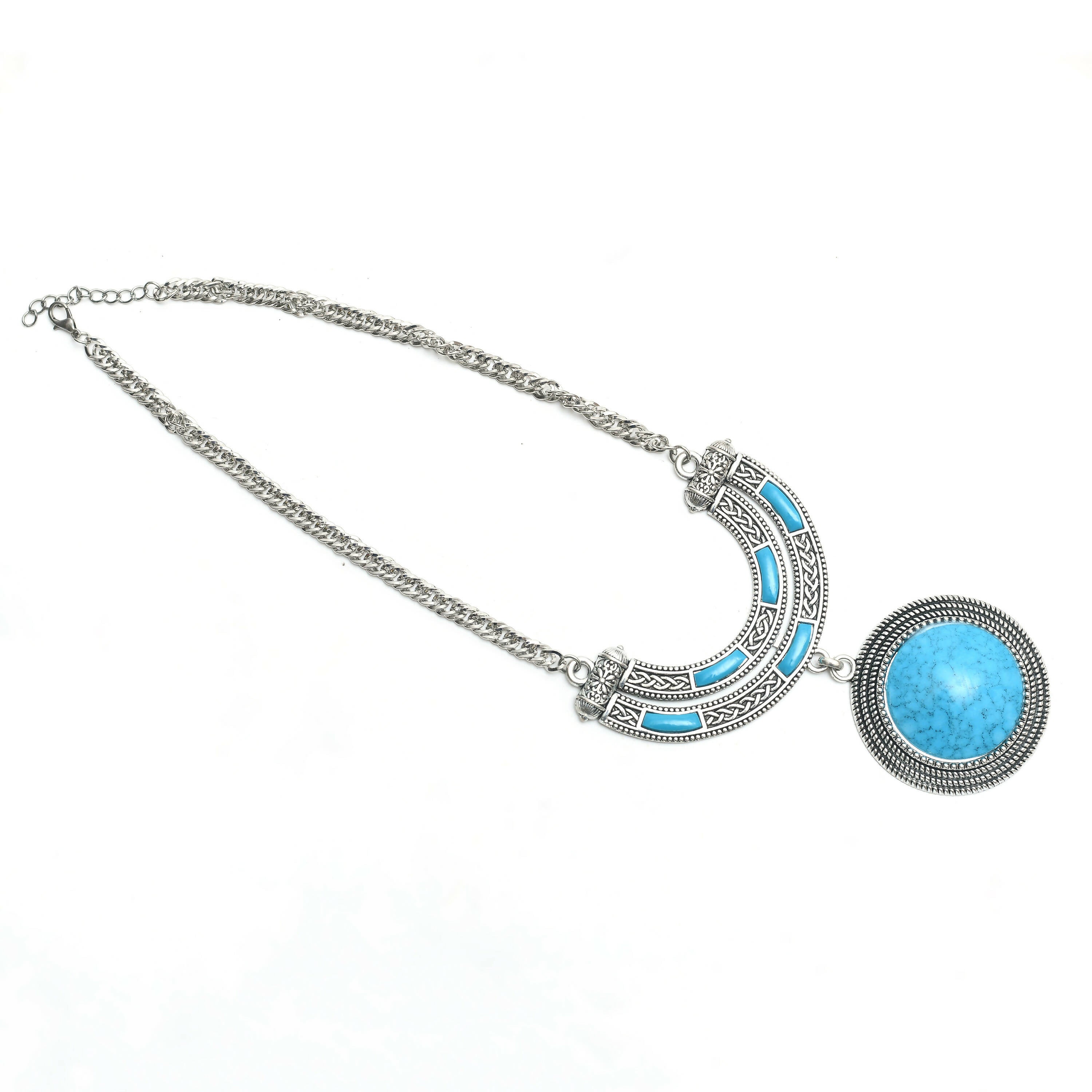 Mominos Fashion Johar Kamal Oxidised Silver-Plated Stone Work Long Necklace Handicraft Sky Blue - Distacart
