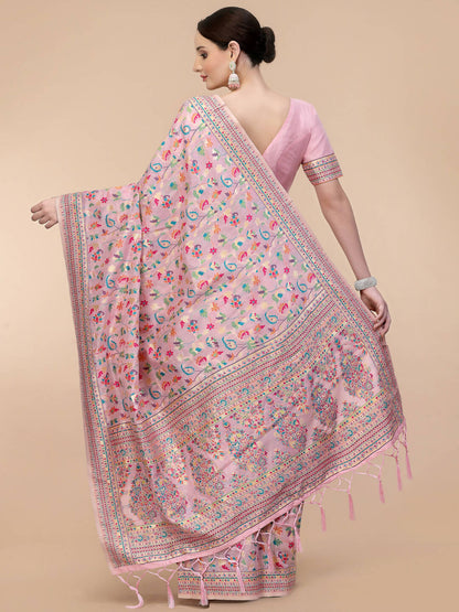 Light Pink Silk Blend Woven Design Saree With Unstitched Blouse Piece - Aloki - Distacart