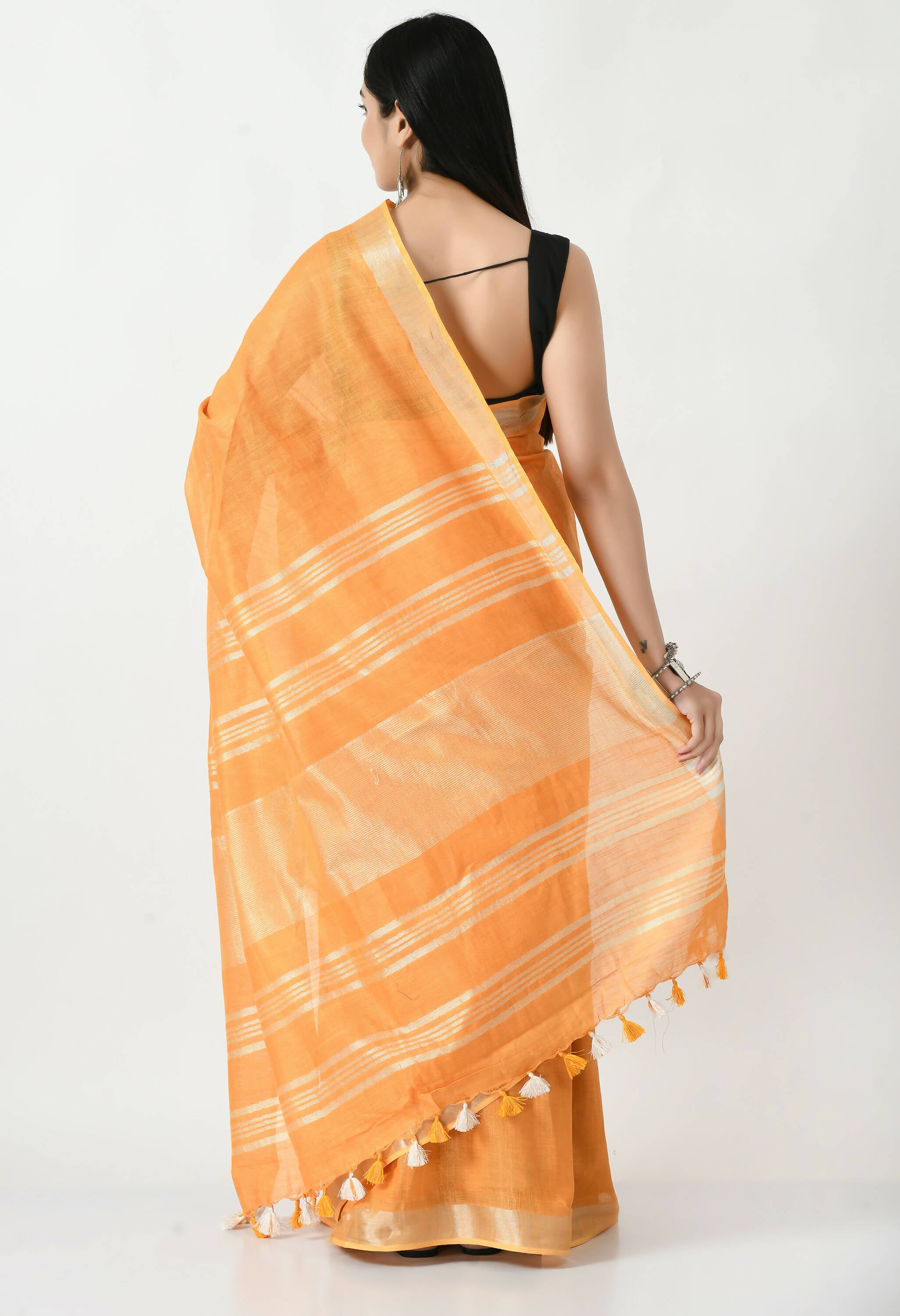 Mominos Fashion Moeza Orange Bhagalpuri Handloom Silk Linen Saree with unstitched Blouse piece - Distacart
