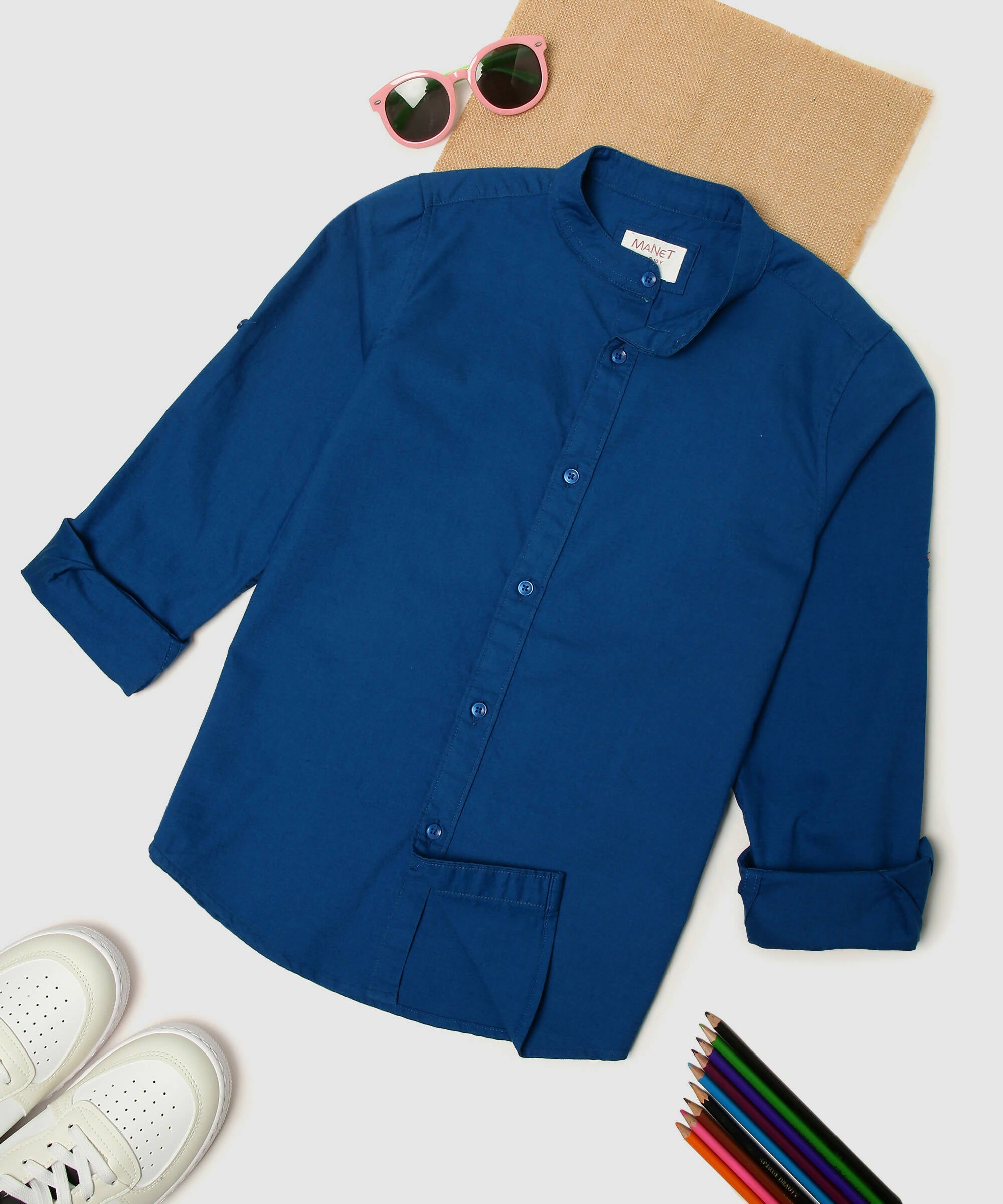 Manet Boys Mandarin Collar Full Sleeves Solid Shirt -Blue - Distacart