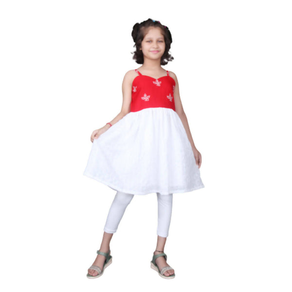 Akarshan Pure Cotton Frock Style Kurti with Leggings Set - Red & White - Distacart