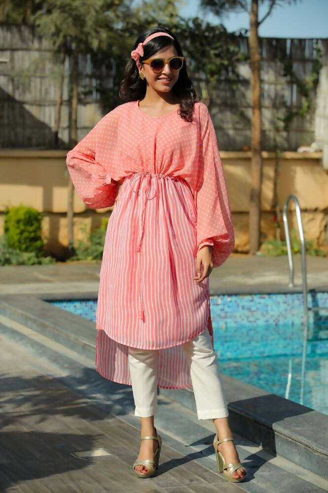 Juniper Women Peach Georgette Bandhani High-Low Tunic - Distacart
