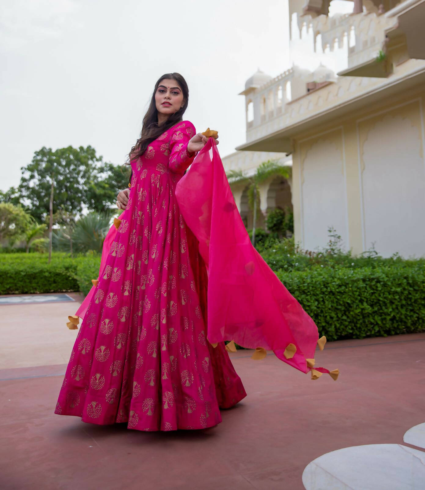 Pink Pure Reyon Gold Foil Work Stitched Suit With Dupatta - Anbazaar - Distacart