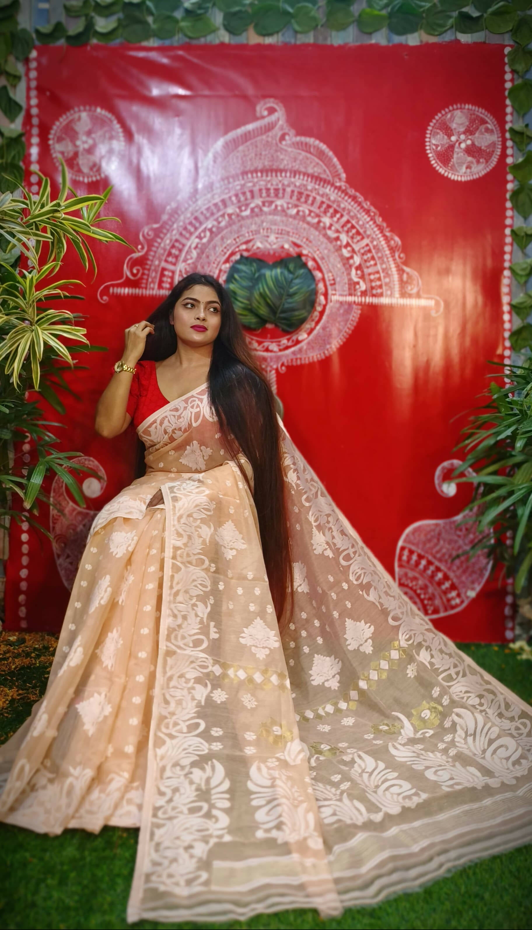 Exclusive Collection Handloom Dhakai Jamdani Saree - Cream - Distacart