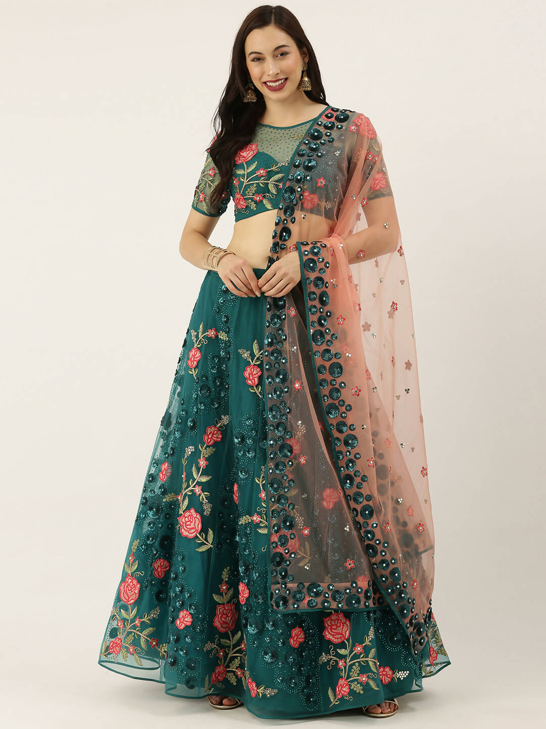 House of Panchhi Teal Net Semi stitched Coding, Sequins and Saroski Stone Work Lehenga Choli - Distacart