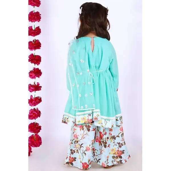 Little Bansi Blue Color Floral print Kurta Frock with Floral Plazzo and Dupatta