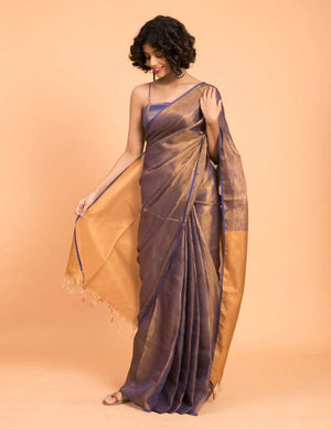 Suta Purple Golden Pure Linen Saree - Distacart