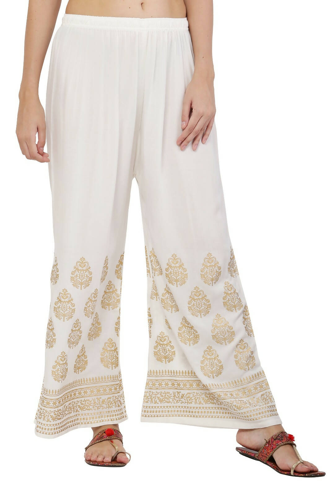 PAVONINE White Color Golden Printed Rayon Fabric Sharara For Women - Distacart