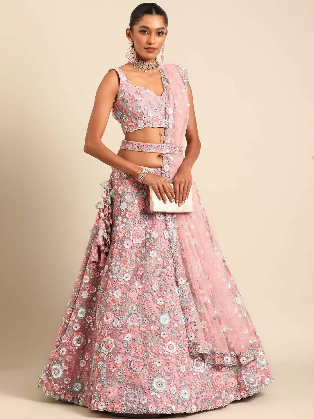House of Panchhi Pink Net Sequins, Mirror and thread embroidery Lehenga choli & Dupatta - Distacart