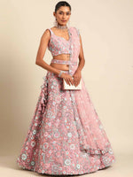 Thumbnail for House of Panchhi Pink Net Sequins, Mirror and thread embroidery Lehenga choli & Dupatta - Distacart