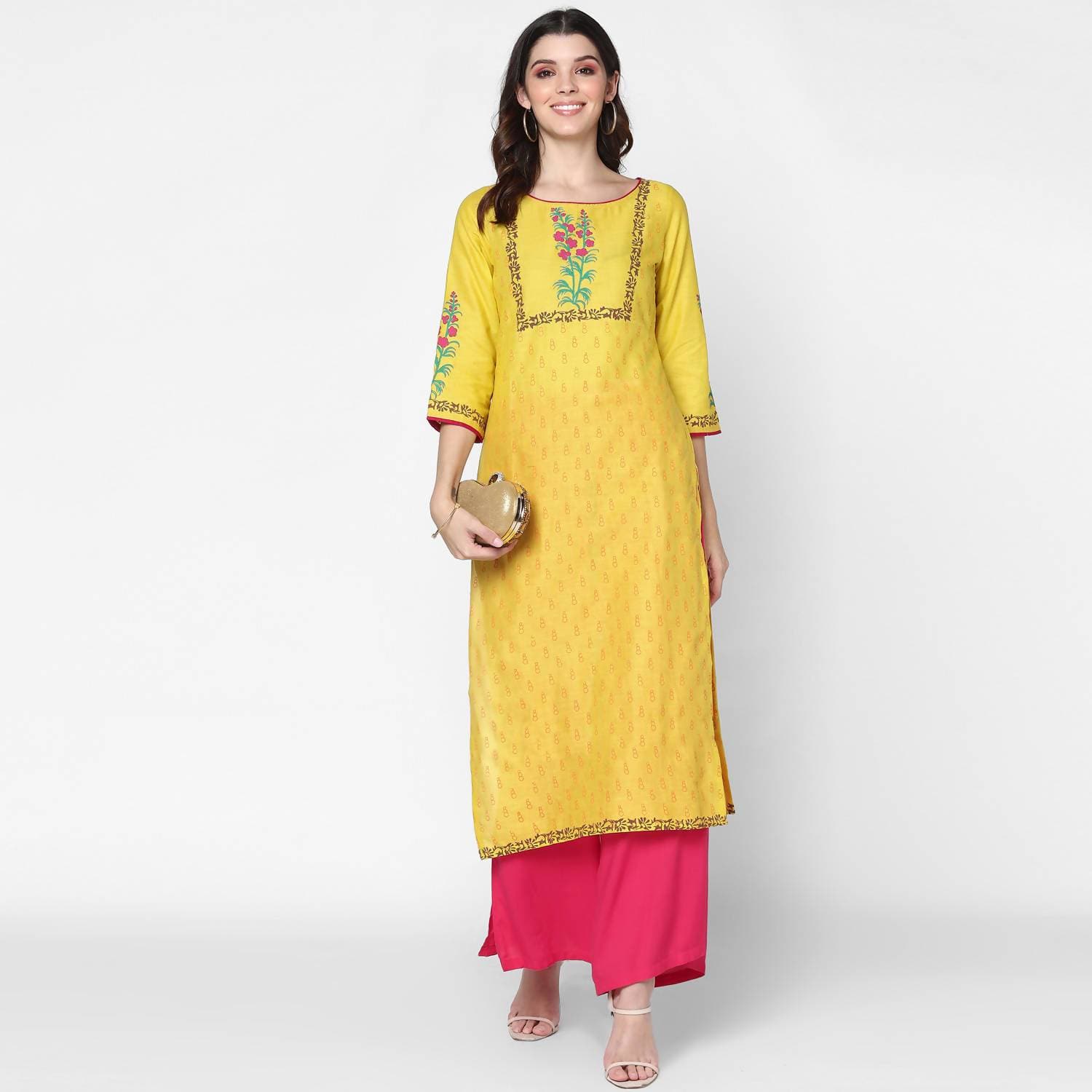 Cheera Hand Block Print Yellow & Magenta Straight Kurta With Palazzo (MAAI-084K)