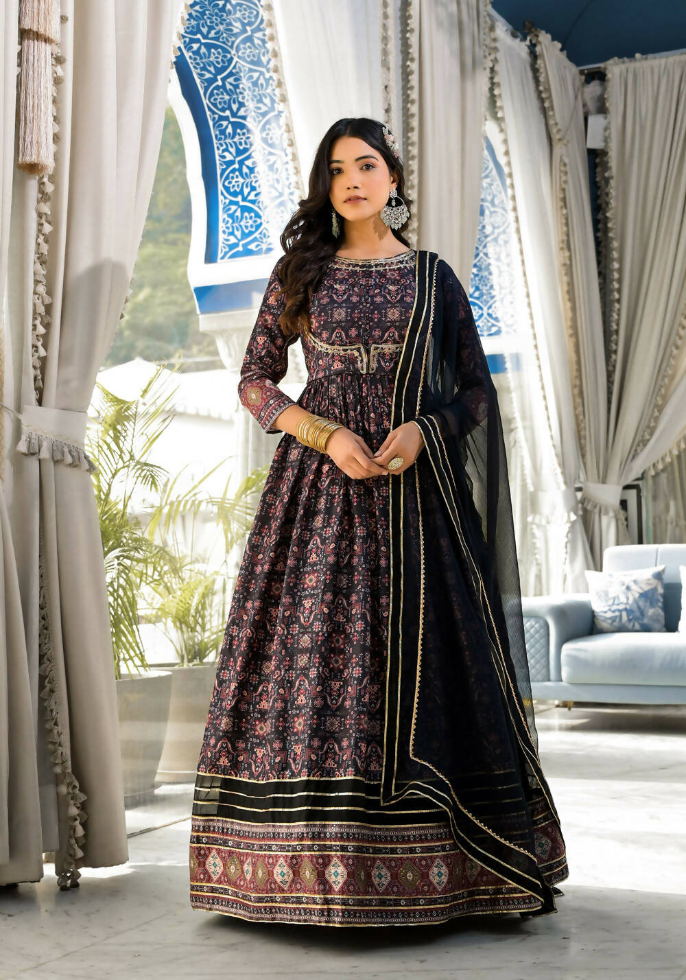 Partywear Designer Black Dola Silk Anarkali Suit With Dupatta - Ananta - Distacart
