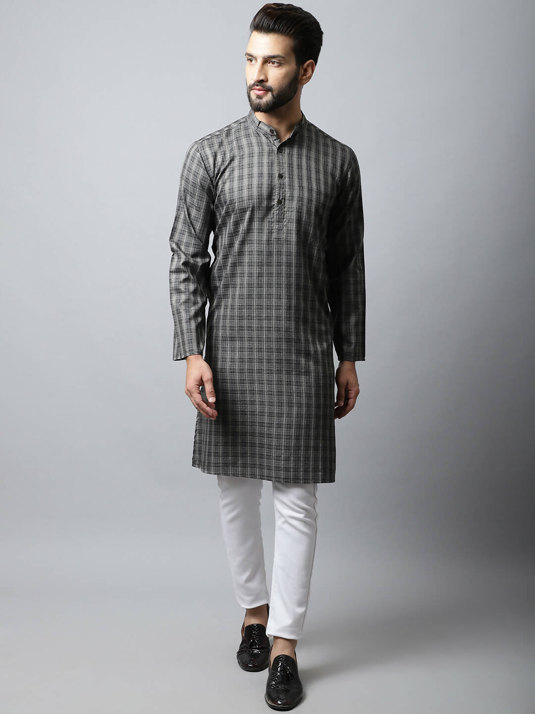 Even Apparels Brown Color Cotton Checked Men's Kurta With Band Collar (CHK1157) - Distacart