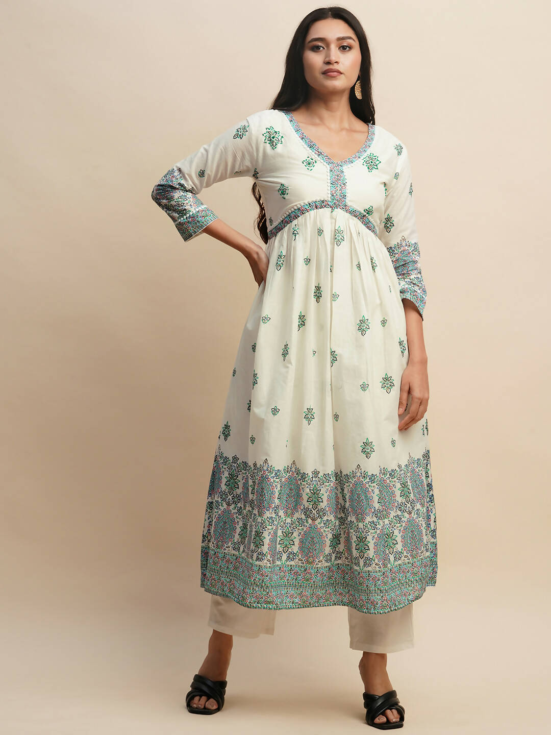 White And Blue Pure Cotton Floral Printed Anarkali Kurta And Bottom With Dupatta - Akashara - Distacart