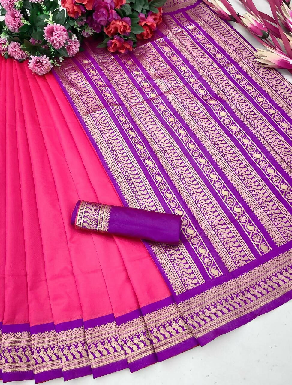 DEIANA'S Beautiful Golden Jari with New Design Soft Lichi Silk Saree - Pink - Distacart