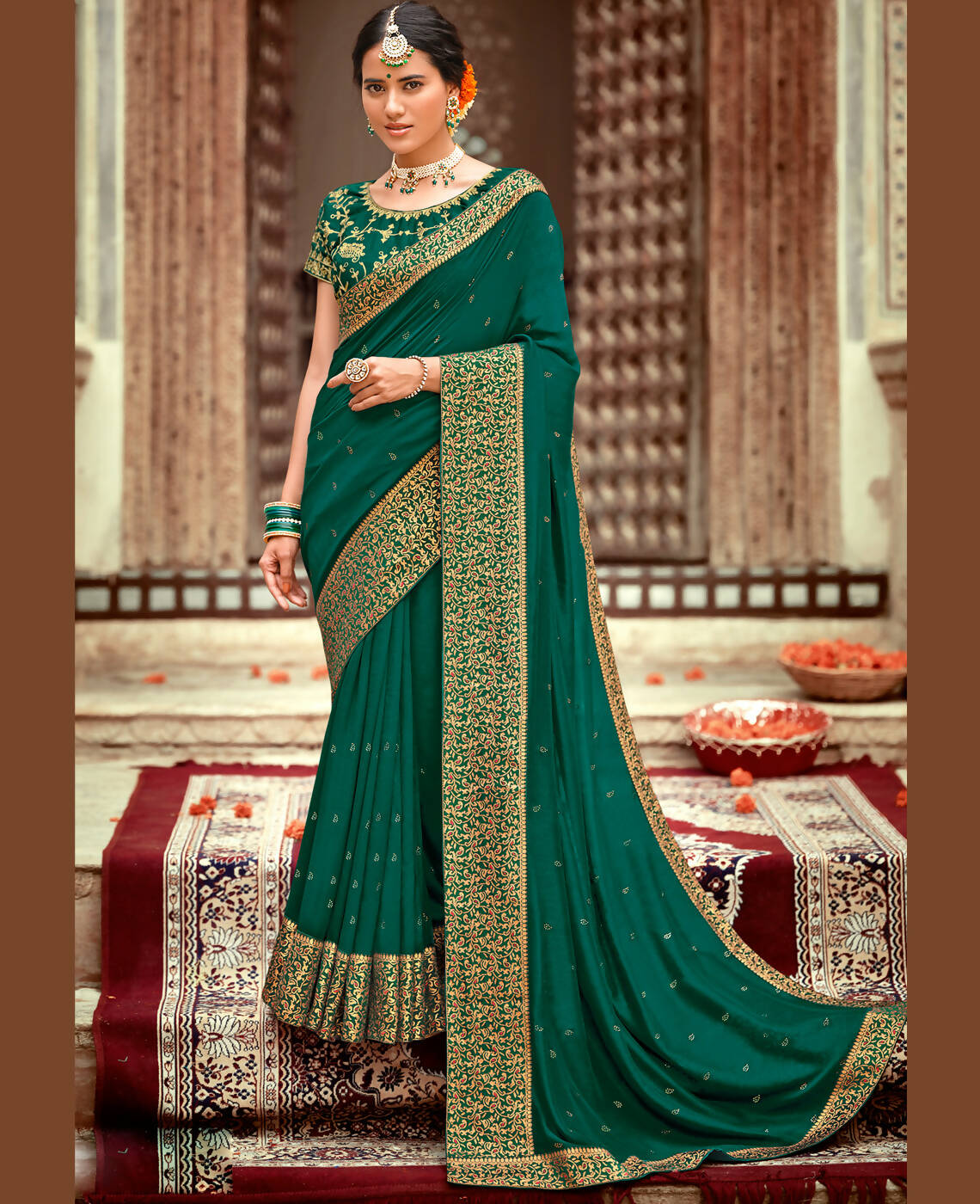 Bottle Green Vichitra Stone Work Saree With Unstitched Blouse Piece - Rosy - Distacart