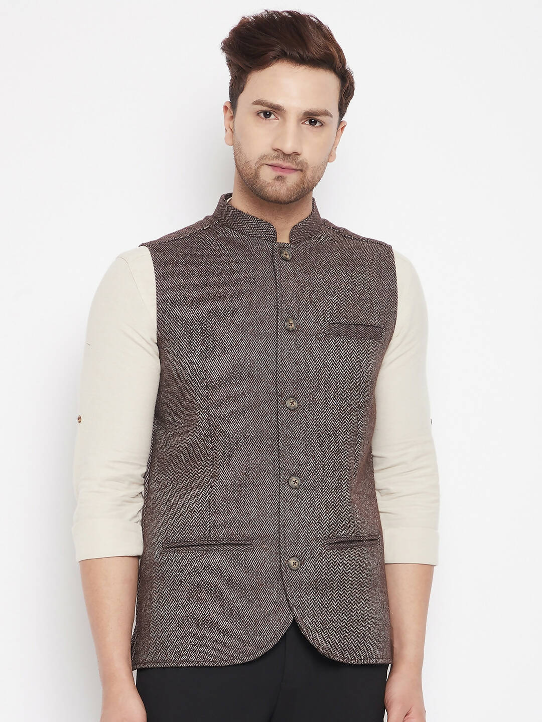 Even Apparels Brown Wool Men Woven Nehru Jacket - Distacart