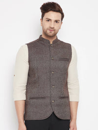 Thumbnail for Even Apparels Brown Wool Men Woven Nehru Jacket - Distacart