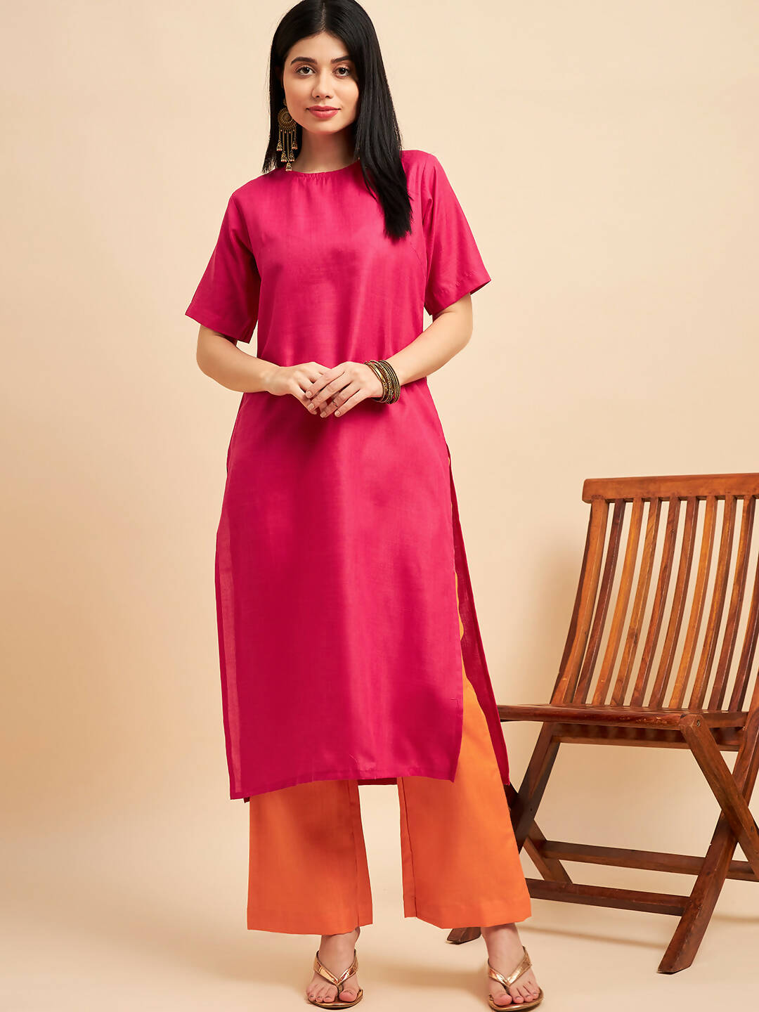 Pink Polyester solid Kurta with Palazzos - Vishwa - Distacart