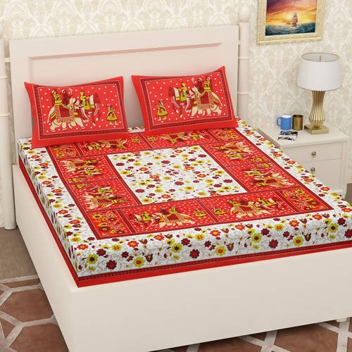 Vamika Printed Cotton Red & Multicolor Beautiful Design Bedsheet With Pillow Covers (LEOC_HTHY_R) - Distacart