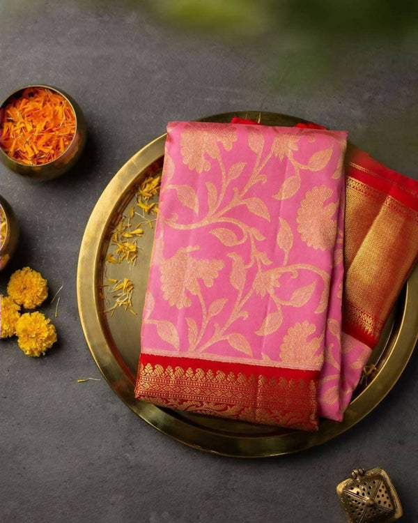 DEIANA'S Beautiful Golden Jari with New Design Soft Lichi Silk Saree - Pink - Distacart