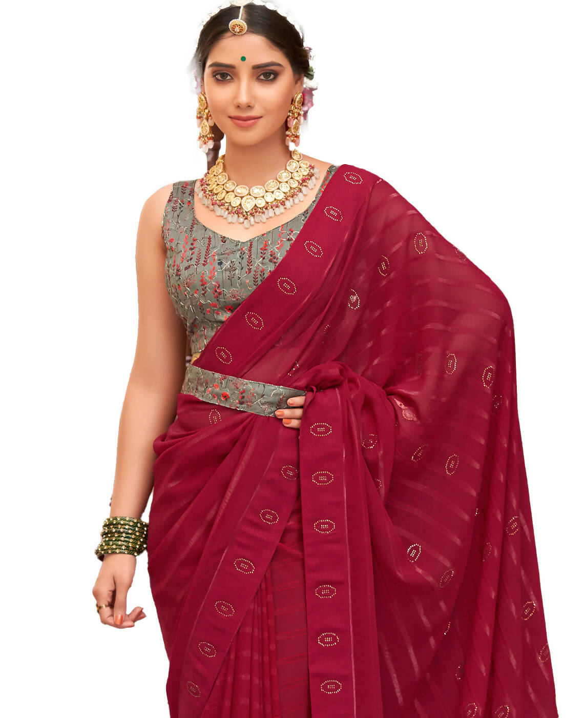 Maroon Georgette Swaroski Work Saree With Unstitched Blouse Piece - Juhi - Distacart