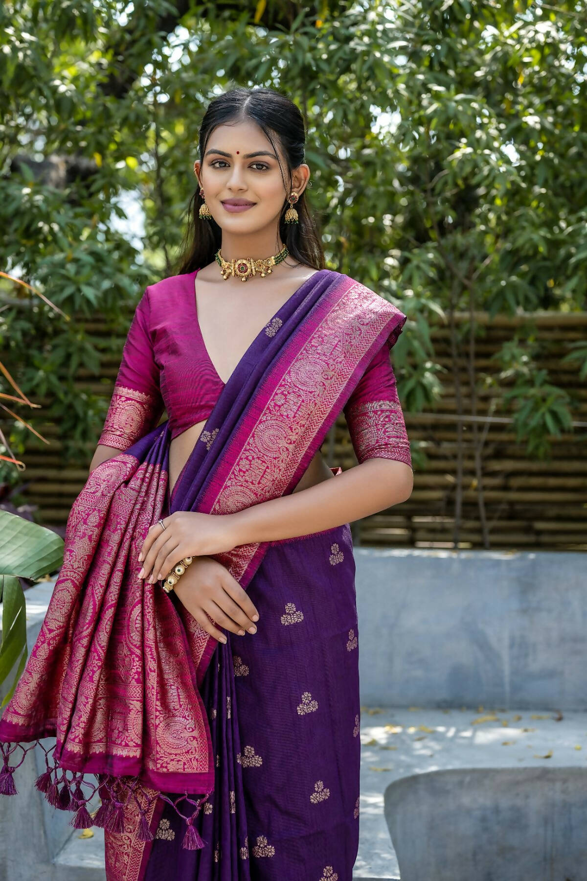 Vishnu Weaves Women's Wine Banarasi Silk Zari Woven Saree with Blouse - Distacart