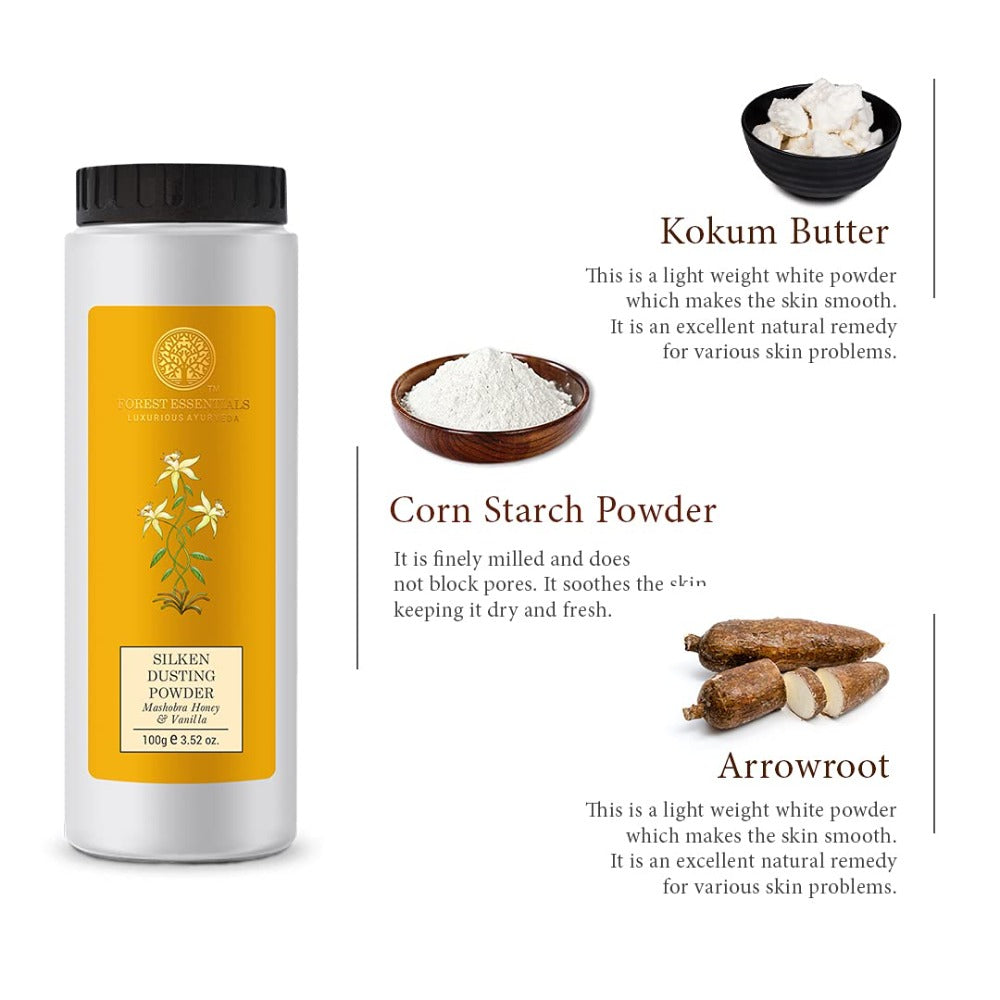 Forest Essentials Silken Dusting Powder Mashobra Honey & Vanilla Ingredients