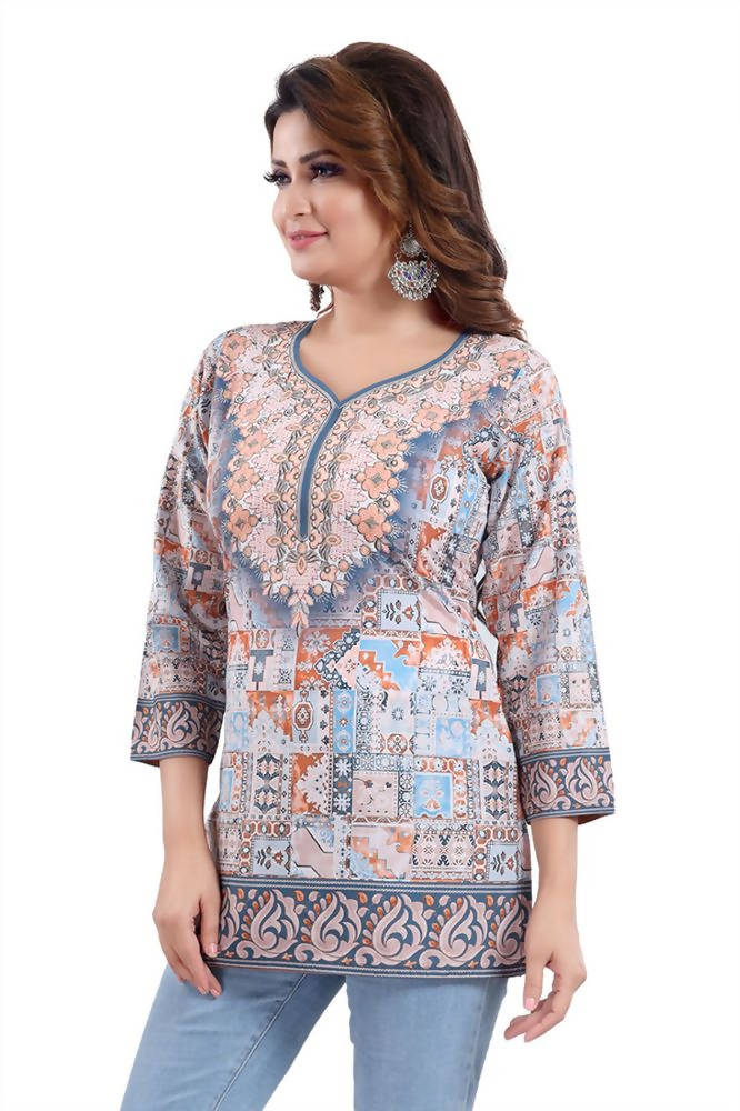 Snehal Creations Phenomenal Blue Faux Crepe Printed Tunic Top