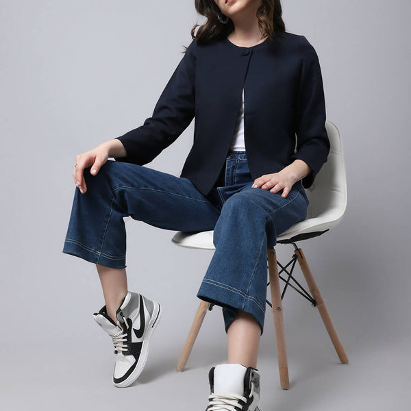 Even Apparels Navy Polywool Open Front Statement Women's Jacket - Distacart